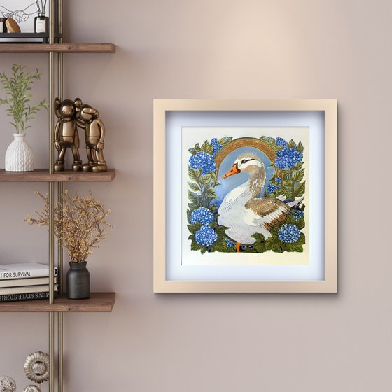 Goose – reduction linocut print