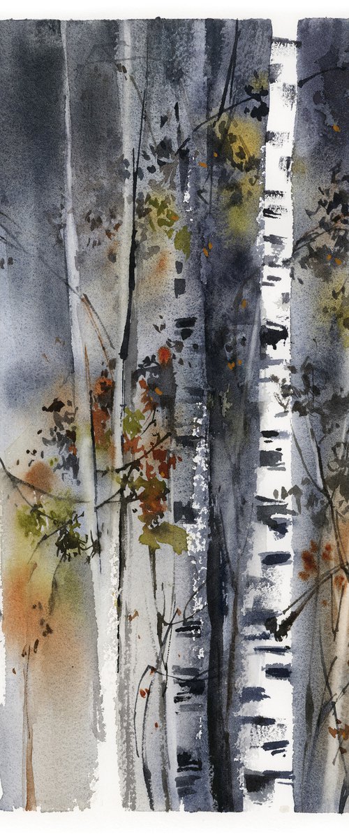 Birch Forest Landscape Nature Watercolor Painting, Trees Painting by Sophie Rodionov