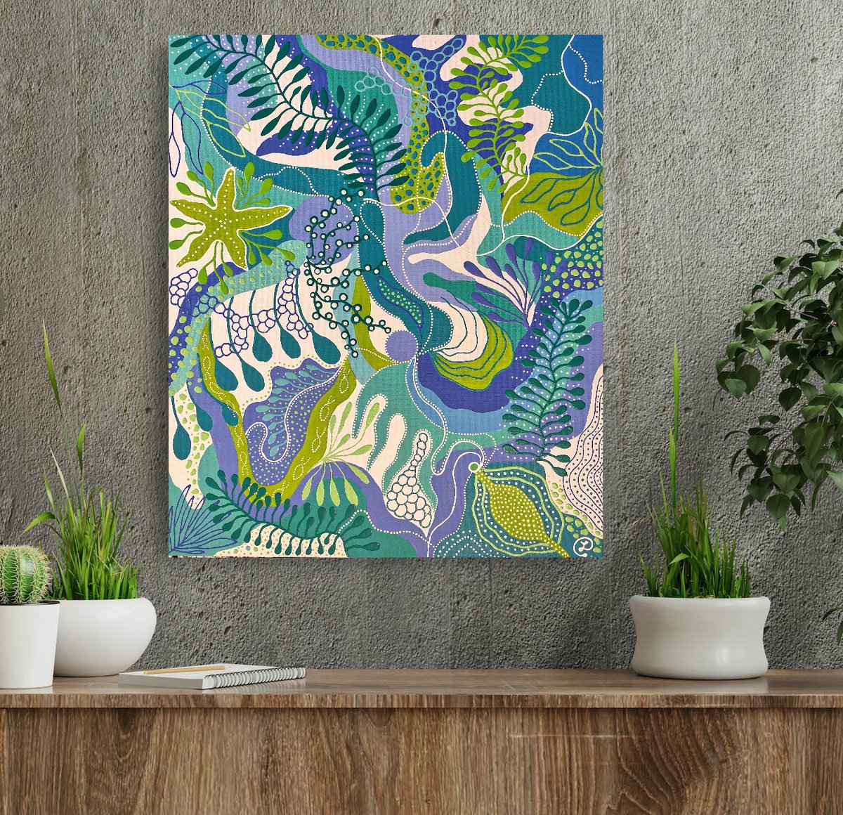 Expressive Landscape Acrylic Painting By Oxana Lazari, 20 X 24", Ocean Garden, Original Artwork