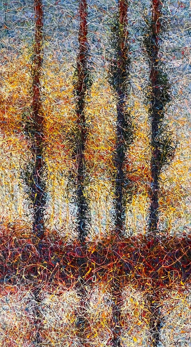 Abstract Landscape Acrylic Painting By Nadiia Antoniuk, 45 X 79", The Sun Behind The Poplars, Original Artwork