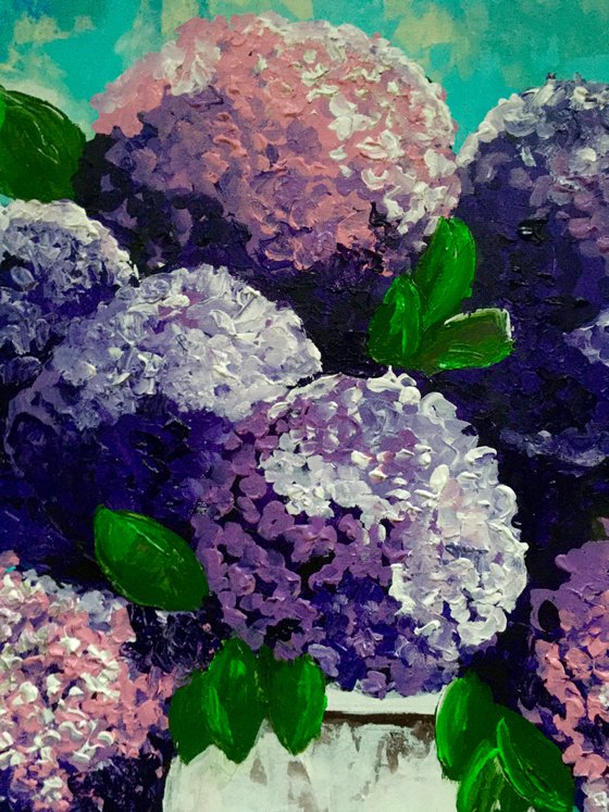 BOUQUET OF Purple and Pink  hydrangea in a white vase palette  knife Original Acrylic painting office home decor gift