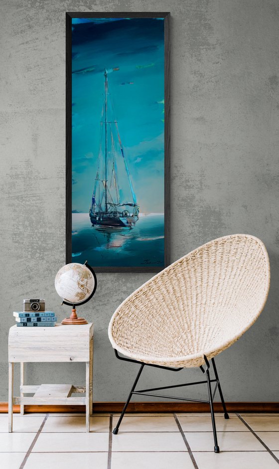 Big vertical painting - "Green ocean" - delicate color - sunset - sailing boat - seascape - ocean