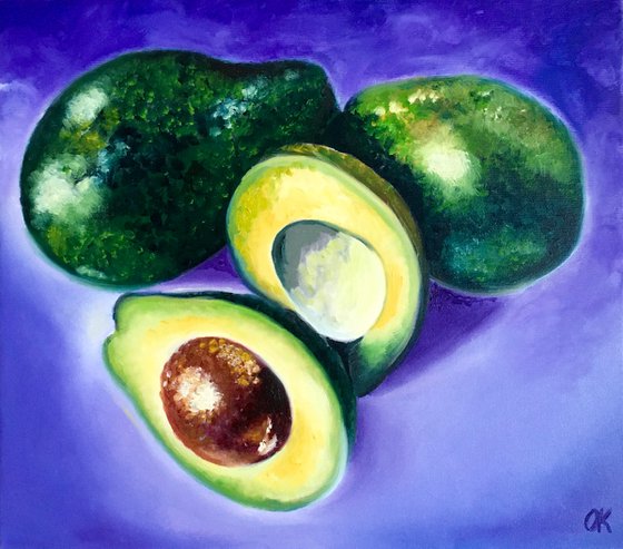 Avocado . Purple, green, photorealistic still life.