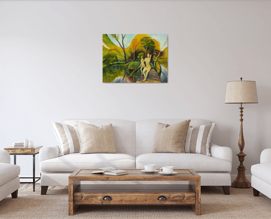 ON THE BRIDGE - woman nude oil painting with two naked girls near the lake bedroom art décor gift idea