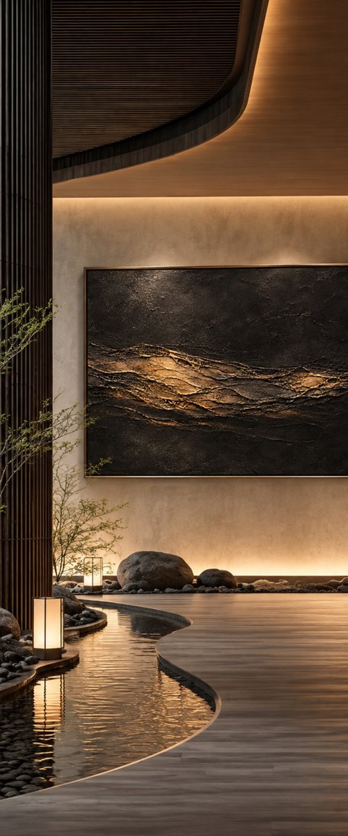 Gold Reflections on Textured Black Waves by Indie Ru