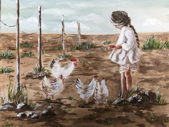 Girl feeding chickens