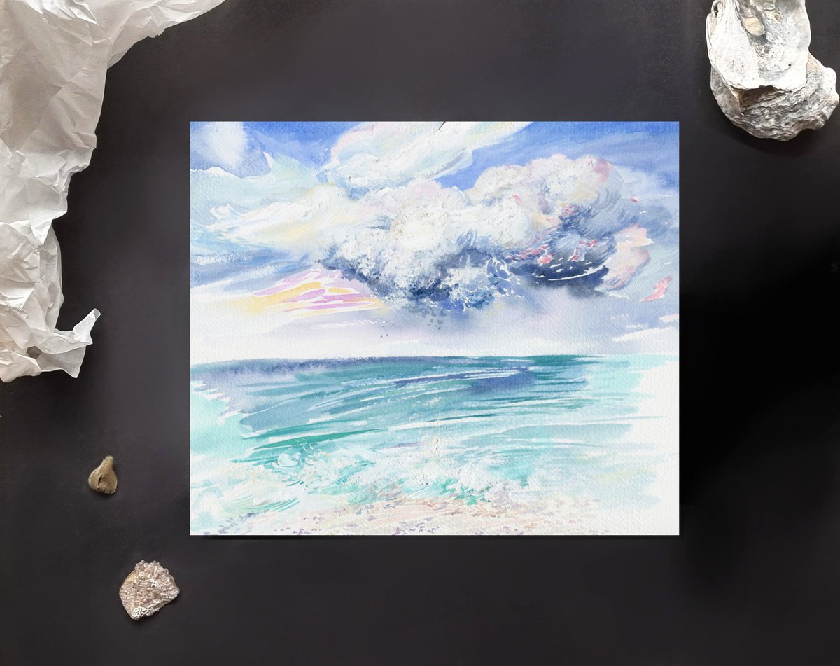 Impressionistic Landscape Watercolour By Daria Galinski, 11 X 9, Clouds On The Sea. Mediterranean Series #20, Original Artwork