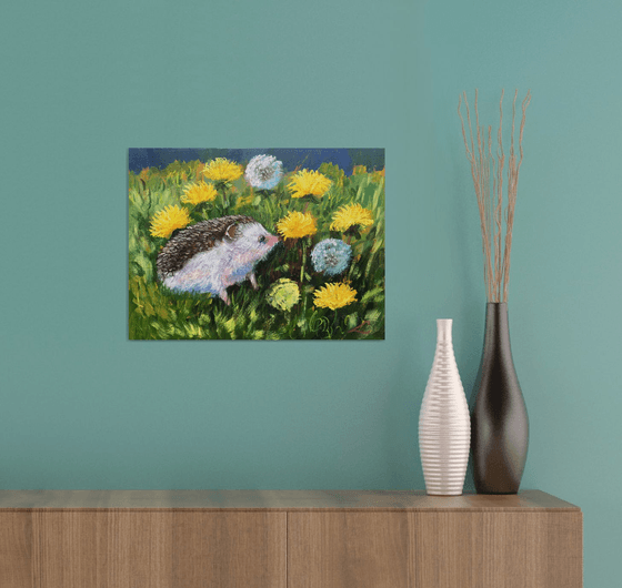 Hedgehog in dandelions