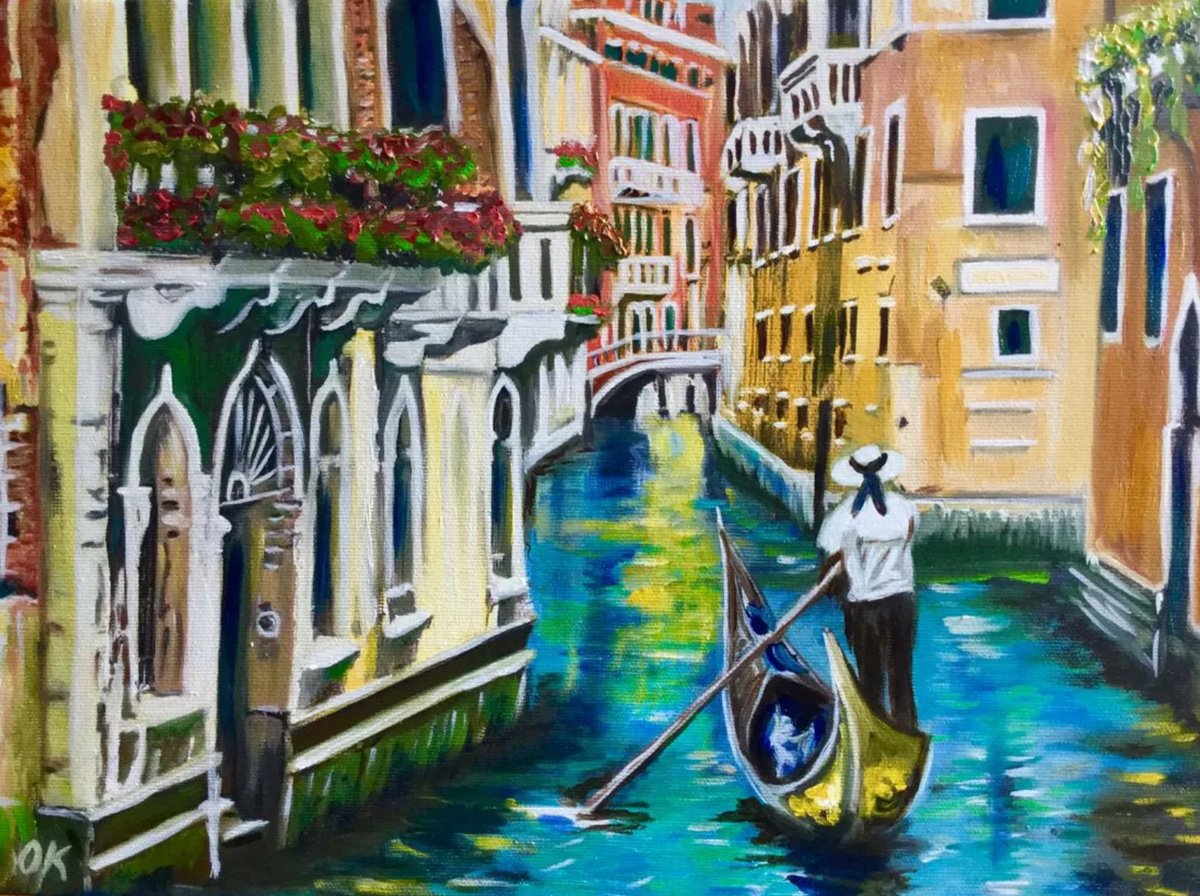 Impressionistic Cityscapes Oil Painting By Olga Koval, 16 X 12", Once Upon Time In Venice, Original Artwork