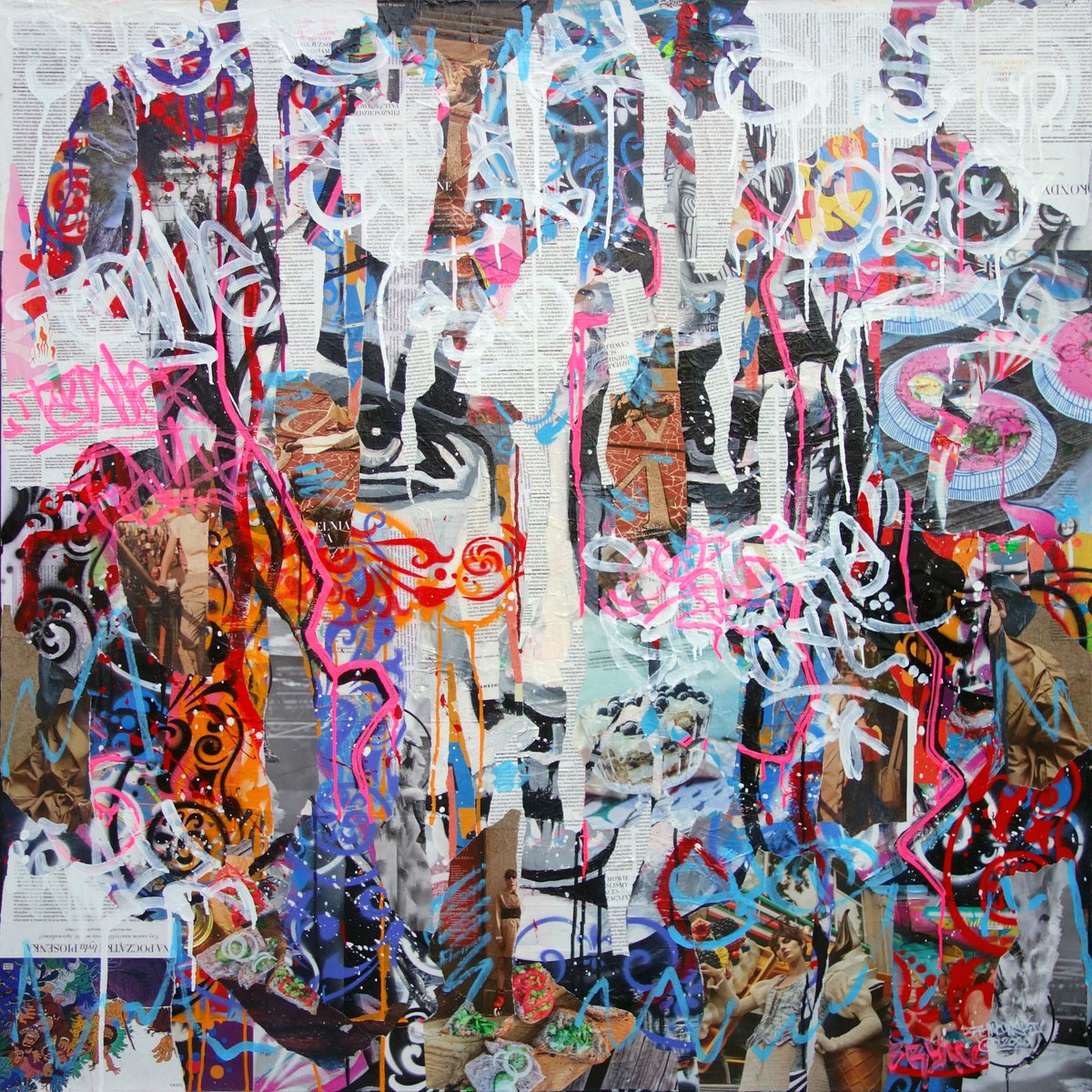 Urban And Pop Portrait Collage By Tomasz Brynowski, 47 X 47", Shoreditch Wall Face 02, Original Artwork
