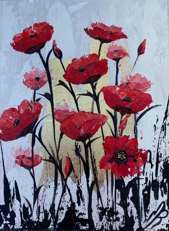 Gold Leaf Painting of Abstract Red Poppies