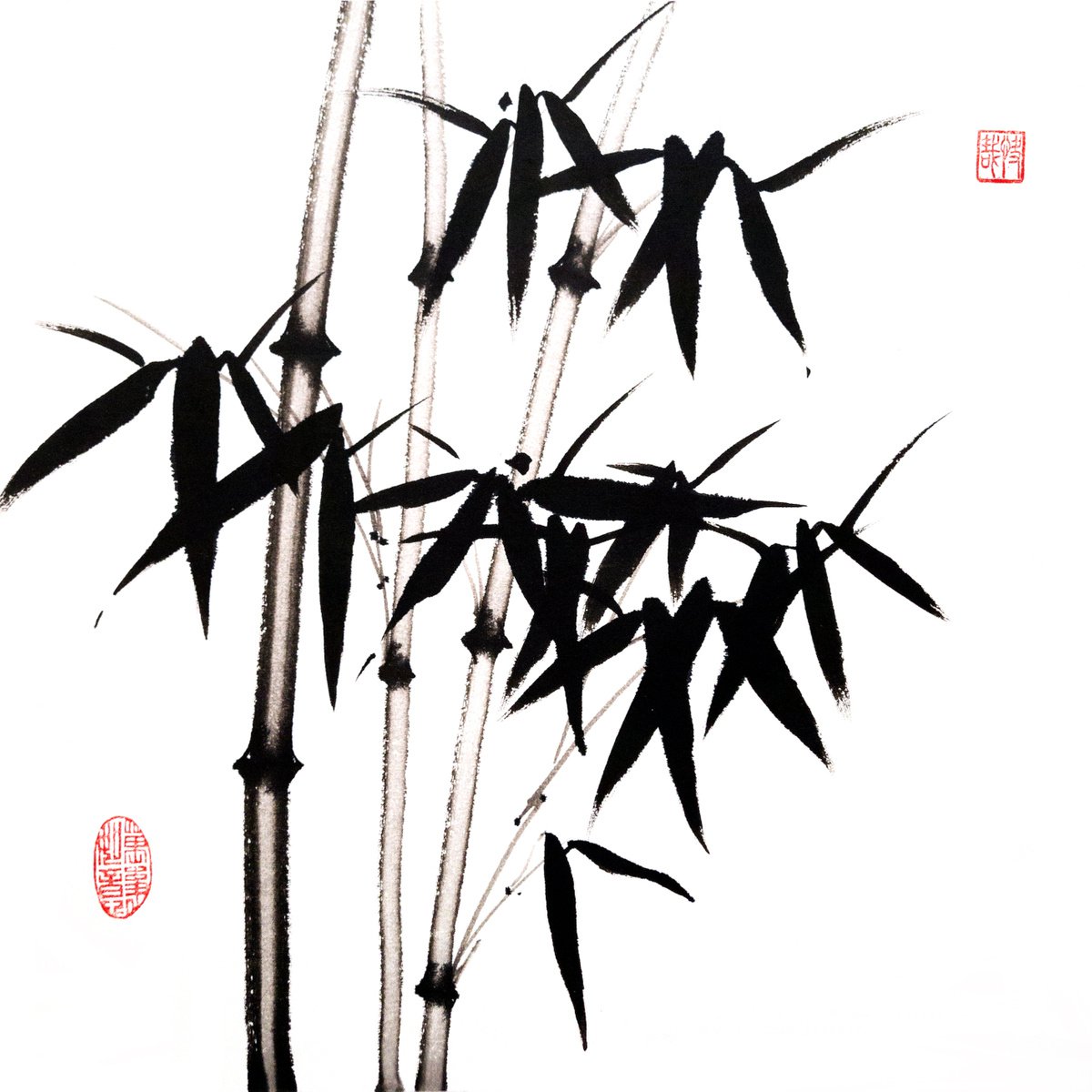 Three trunks of bamboo - Bamboo series No. 2123 - Oriental Chinese Ink Painting by Ilana Shechter