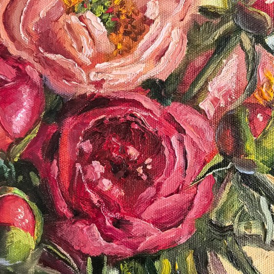 Coral pink peonies bouquet