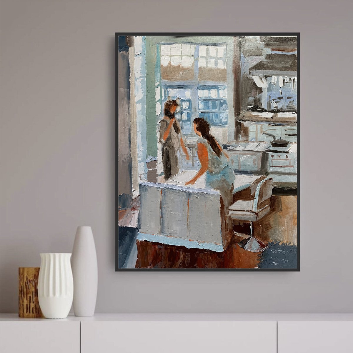 Expressive Portrait Oil Painting By Vita Schagen, 16 X 20", Chatting In A Kitchen., Original Artwork