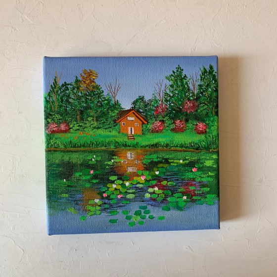 House by water lilies pond - 3 ! Small Painting!!  Ready to hang