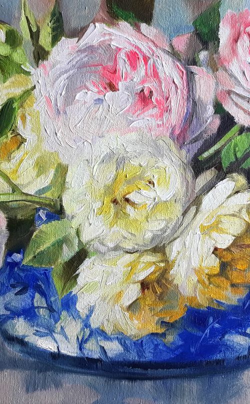 Roses in a blue vase by Nataly Derevyanko