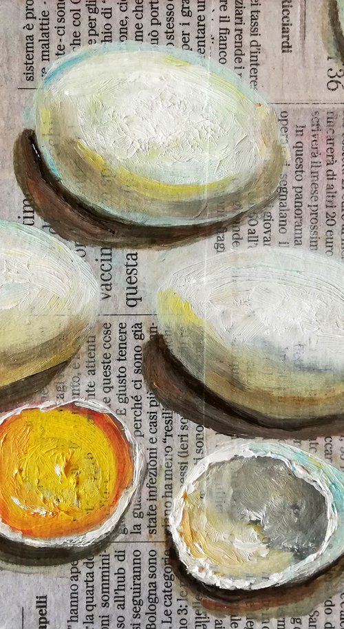 "Eggs on Newspaper" Original Painting Food Art 8 by 6"  (20x15 cm) by Katia Ricci