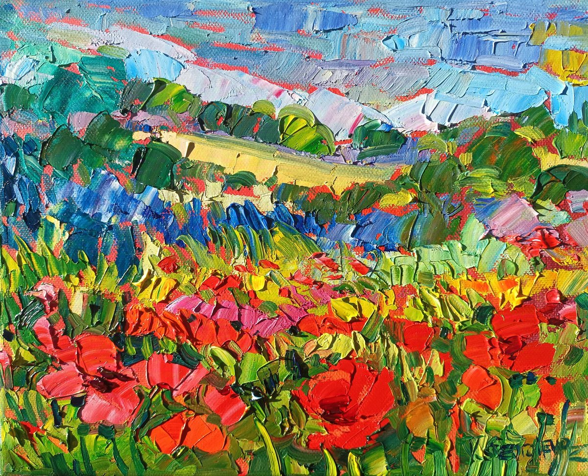 Impressionistic Landscape Oil Painting By Vanya Georgieva, 12 X 9", Summer Poppies, Original Artwork