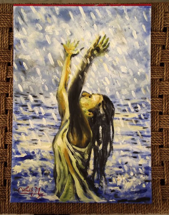 RAINY LAKE GIRL - Thick oil painting - 29.5x42 cm