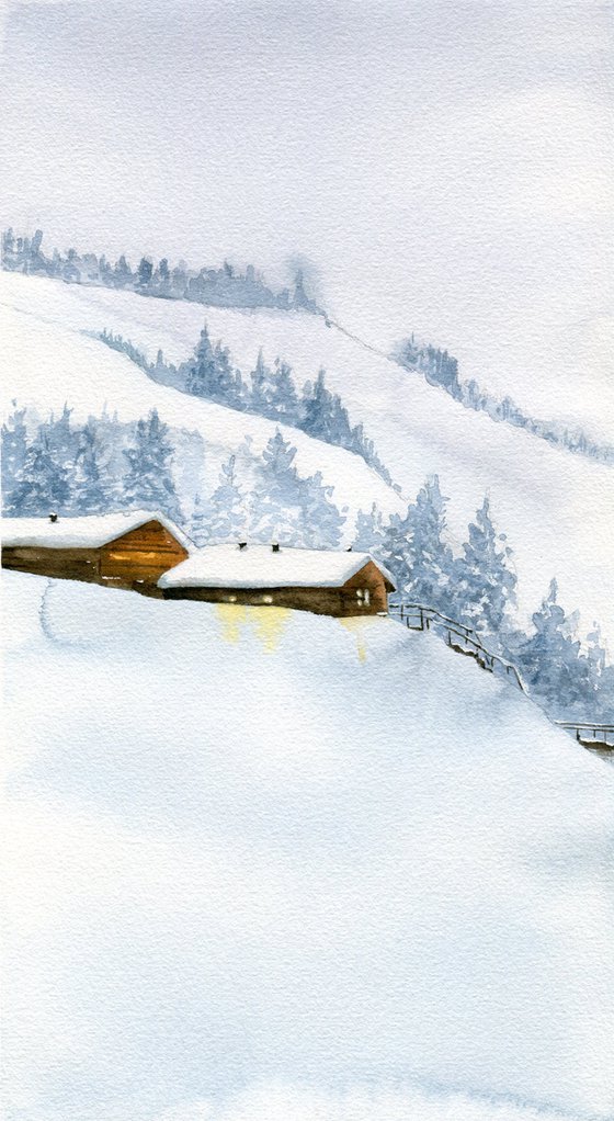 Winter in the mountains. Original watercolor artwork.