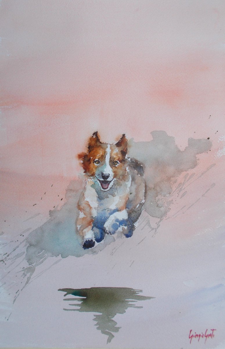 Impressionistic Animal Watercolour By Giorgio Gosti, 14 X 21, Running Dog, Original Artwork