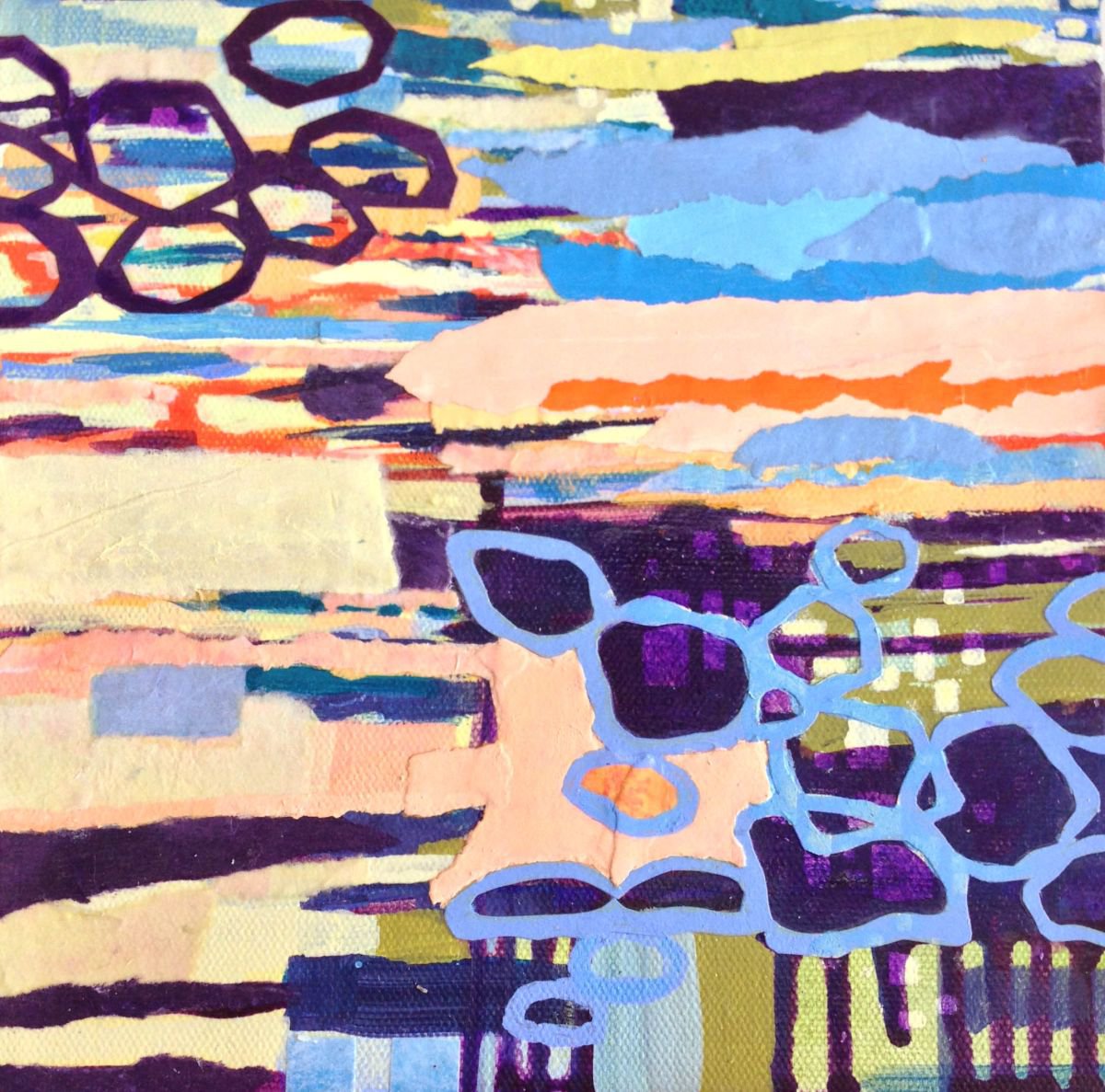 Abstract Collage By Kathy Ferguson, 8 X 8", Linked Links, Purple, Original Artwork