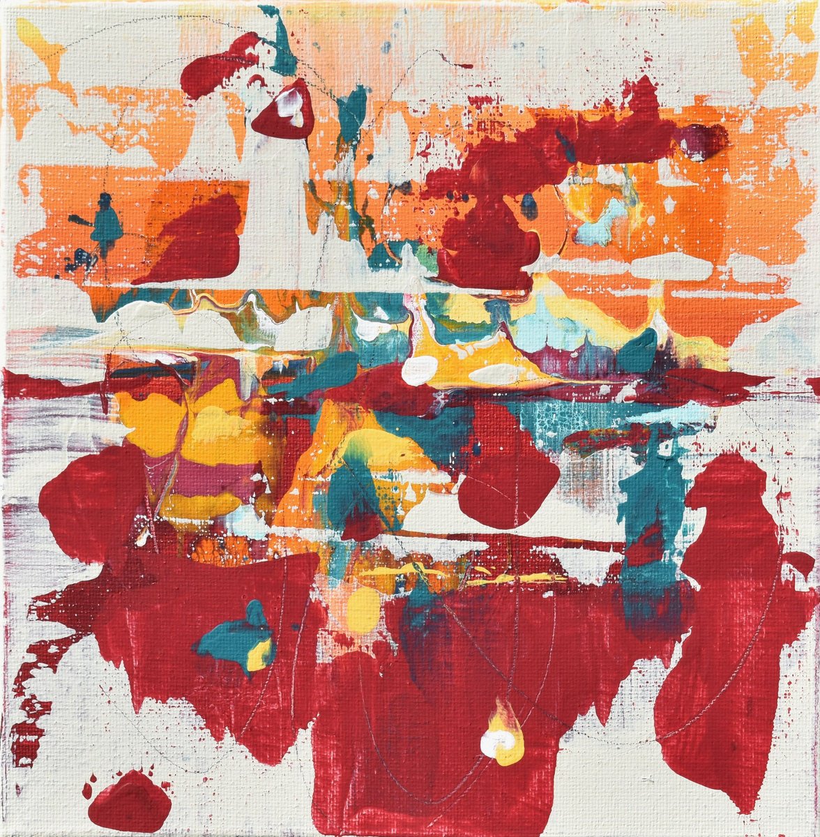 Abstract Landscape Painting By Cynthia Ligeros, 8 X 8, Scarlet Horizon, Original Artwork