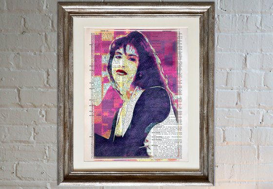 Selena - Queen of Tejano music - Collage Art on Large Real English Dictionary Vintage Book Page