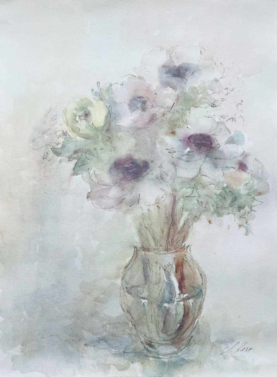 Impressionistic Still Life Painting By Elena Klyan, 14 X 19, Anemones 36X48 Cm 2025, Original Artwork