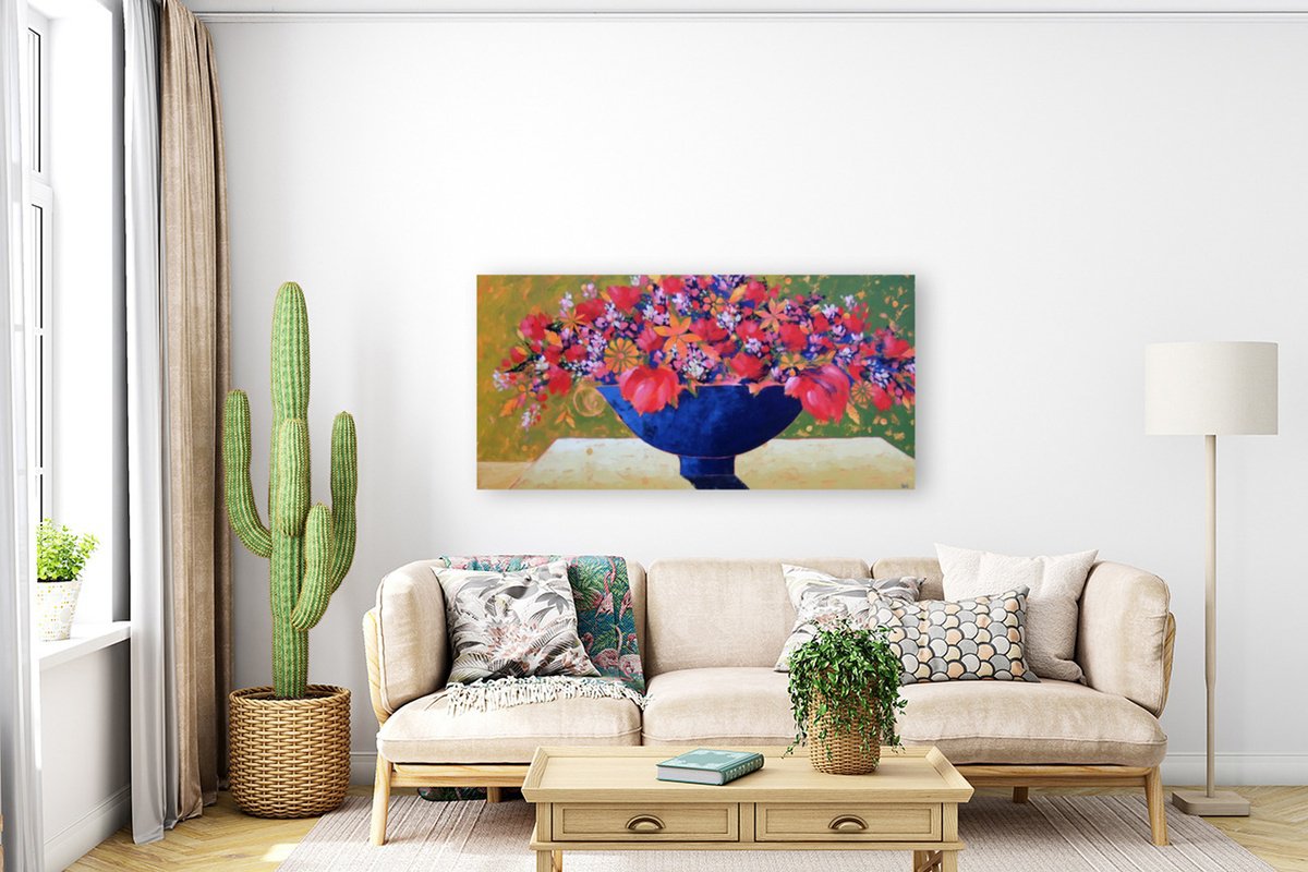 Impressionistic Botanical Acrylic Painting By Karen Rieger, 60 X 30", Indigo Vase, Original Artwork