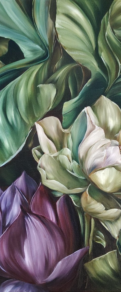 Water Lily in Banana Leaves by Olga Van Dine
