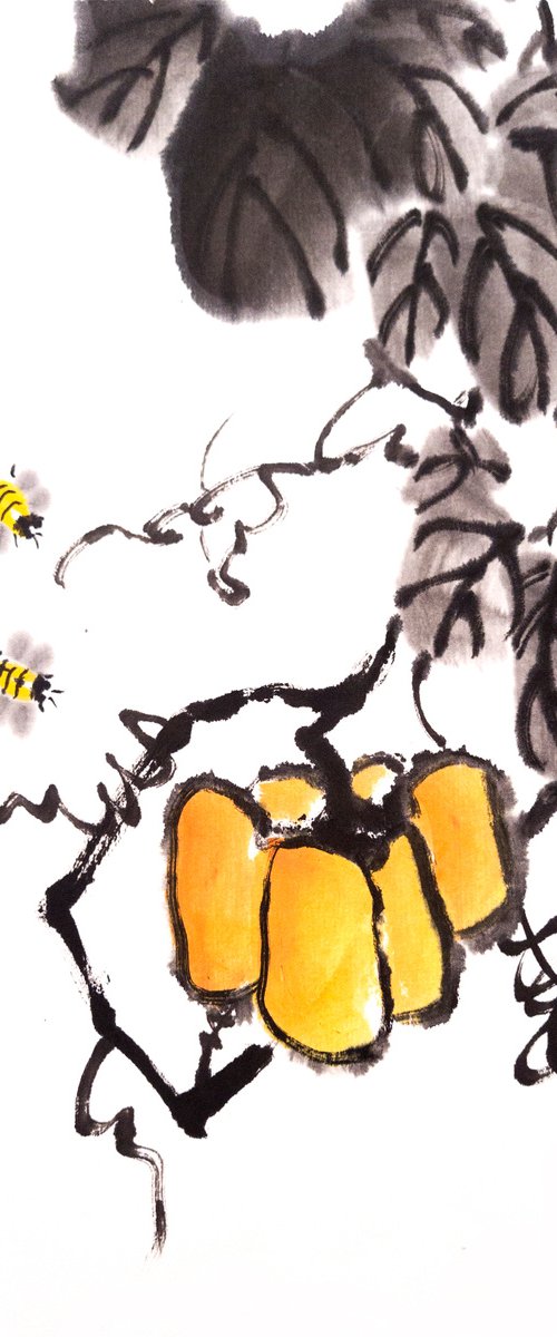 Pumpkin and two bees - Pumpkin series No. 01 - Oriental Chinese Ink Painting by Ilana Shechter