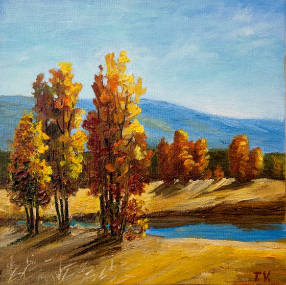 Fall landscape. Oil painting. Miniature art. 6 x 6 in.