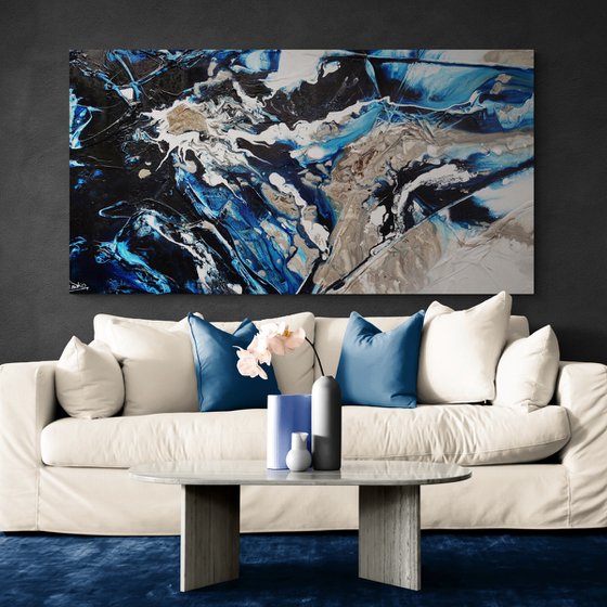 Midnight Flow 190cm x 100cm Blue Black Grey Textured Abstract Art