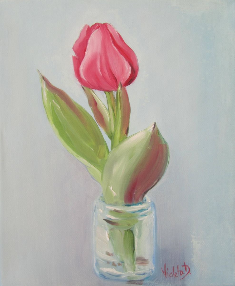 Pink Tulip in a Glass Jar (25x30 cm/ 10x12 inches) by Violeta Damjanovic-Behrendt