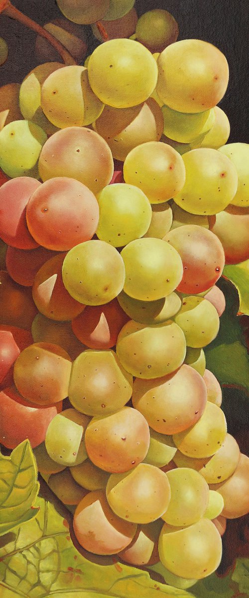 Red and green grapes with leaves by Yue Zeng