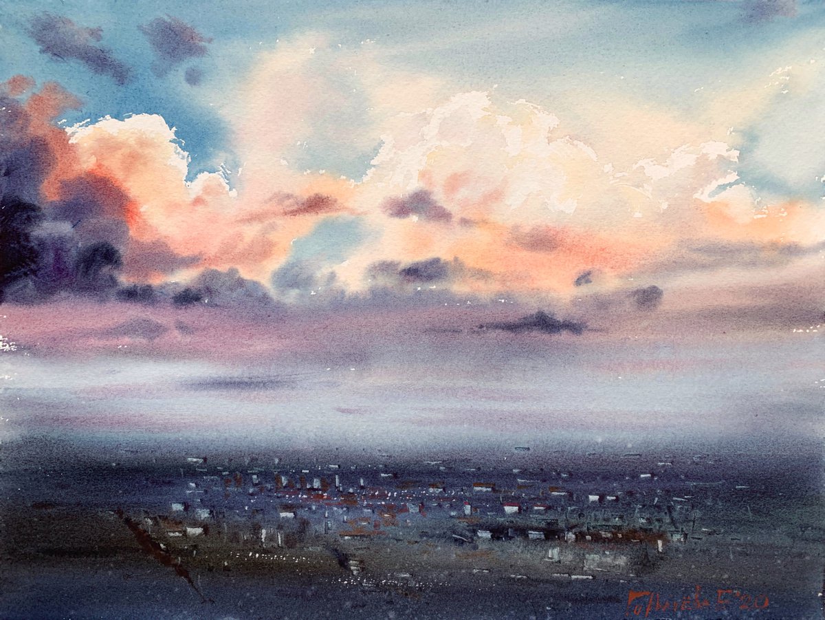 Impressionistic Watercolour , City Cloudscape At Sunrise By Eugenia Gorbacheva, 16 X 12, Artwork For Sale On Artfinder