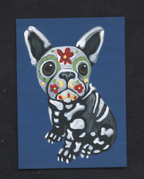 ACEO ATC Original Day of the Dead Sugar Skull Painting French Bulldog Pet Dog Art-Carla Smale