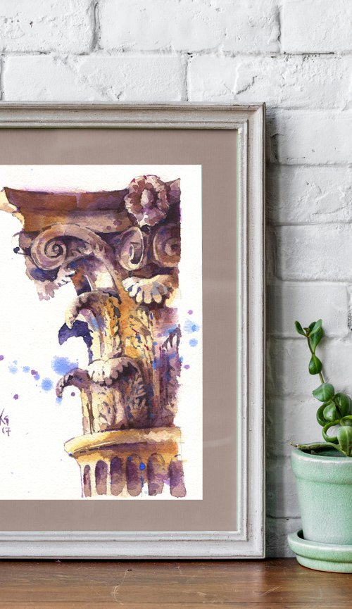 "Architectural Detail" original watercolor sketch small format by Ksenia Selianko