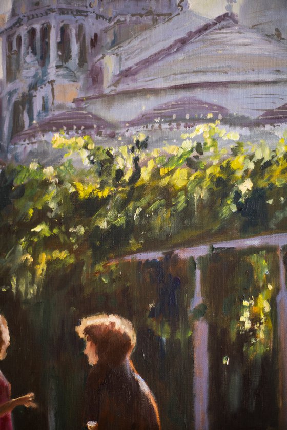 Picnic in Paris. Parisians series. Cityscape with two girls talking in Montmartre Park. Original oil painting. Contrast bright city urban landscape view sun light.