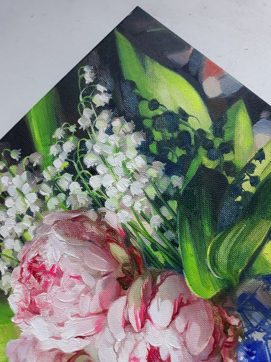 Lily of the valley and peonies flowers in the summer shine, Floral painting on canvas