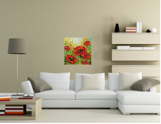 Red Poppies - Original Impasto Floral Painting, Palette Knife Textured Wall Art Canvas