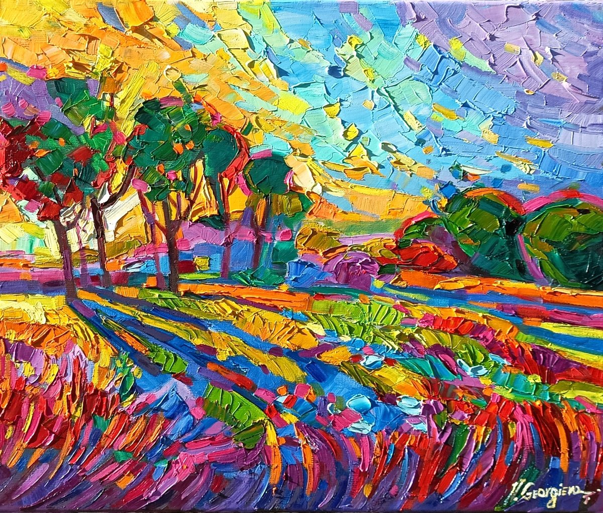 Impressionistic Landscape Oil Painting By Vanya Georgieva, 24 X 20", Trees And Shadows, Original Artwork