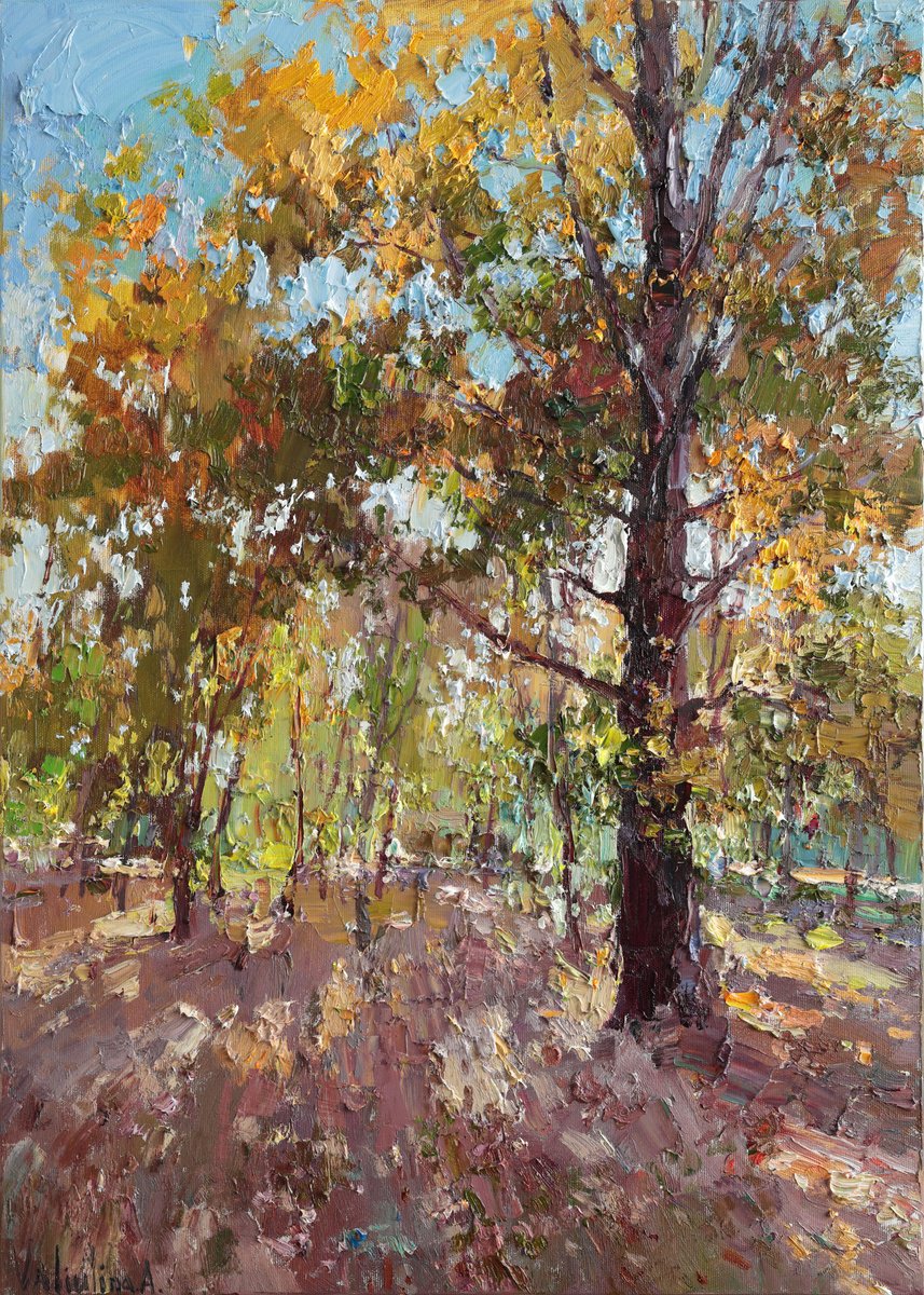 Impressionistic Landscape Oil Painting By Anastasiia Valiulina, 20 X 28, Autumn Forest, Original Artwork
