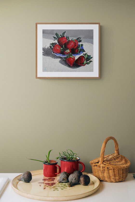 Strawberries on Blue And White Dish