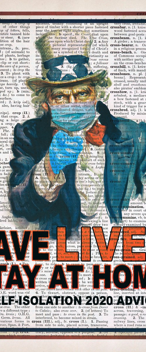 Save Lives, Stay at Home - Collage Art Print on Large Real English Dictionary Vintage Book Page by Jakub DK - JAKUB D KRZEWNIAK