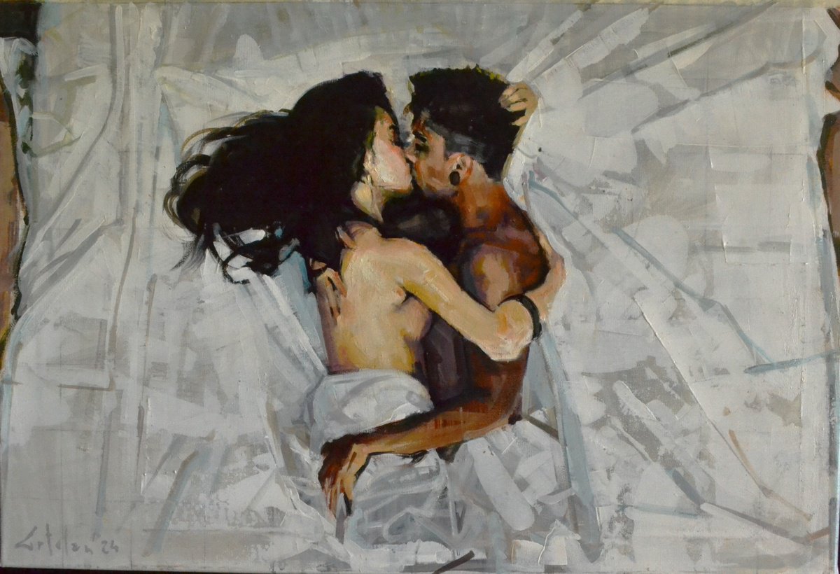 Impressionistic Portrait Oil Painting By Marco Ortolan, 24 X 16", Ecstasy Of Love, Original Artwork