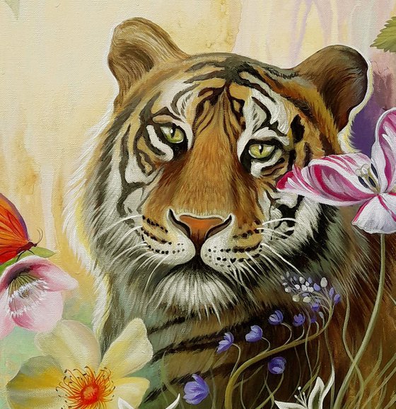 "Confluence with nature", tiger painting, animal art, floral painting