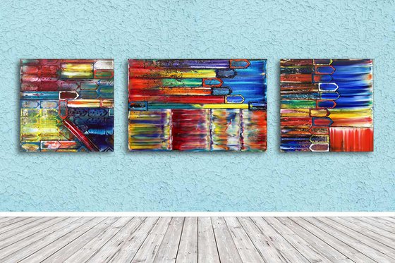 "The Road Less Traveled" - Save As A Series - Unique PMS Geometric Oil Painting Triptych On Canvas - 84" x 24"