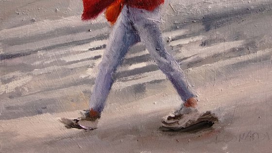 Red woolen sweater walking